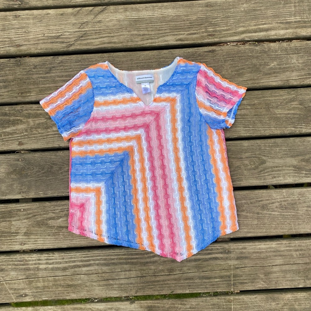 Alfred Dunner 90’s asymmetrical striped shirt sleeve top in pink blue and orange